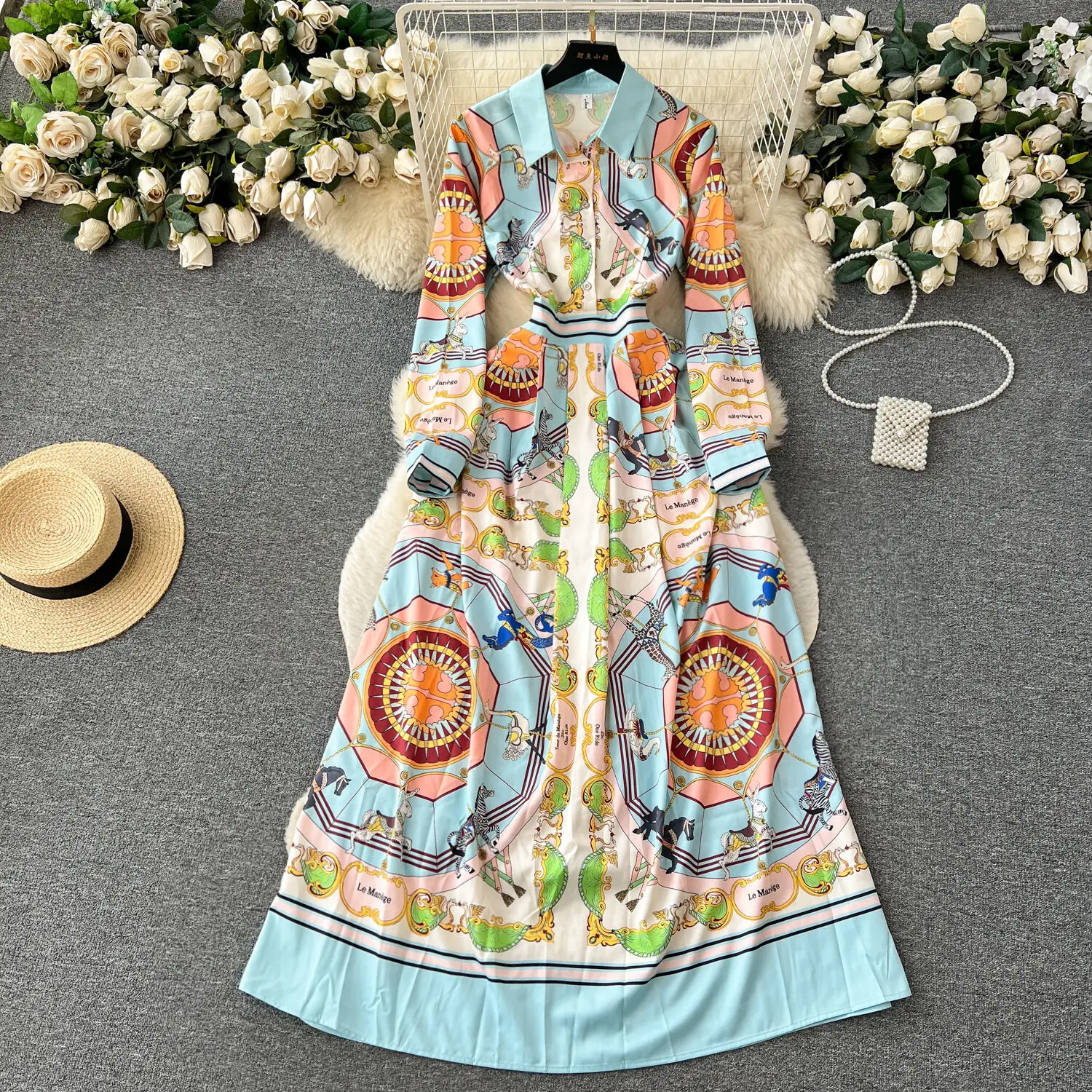 

Женское длинное платье-рубашка с цветочным принтом, повседневное ТРАПЕЦИЕВИДНОЕ Платье макси с длинным рукавом, осень