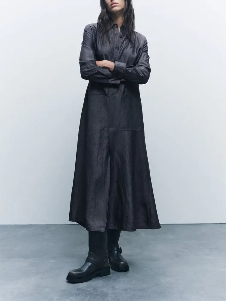 

Женское Повседневное платье-рубашка с отложным воротником и длинным рукавом