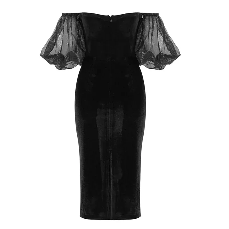 Летнее новое женское платье-боди с разрезом, черное из бархата, с открытыми плечами, короткими рукавами в стиле пуфф, сексуальное, вечернее, обтягивающее.