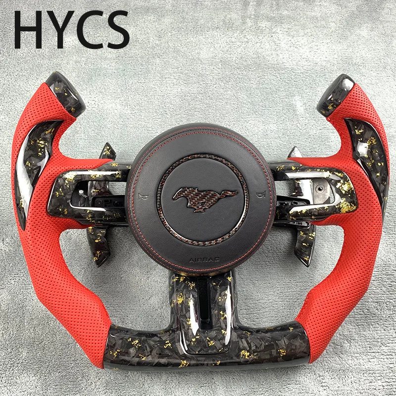 

F1 руль из углеродного волокна с перфорированным кожаным золотым фрагментом для Ford Mustang 2.3L 2,3 T 5.0L 3.7L GT500 GT350 GT