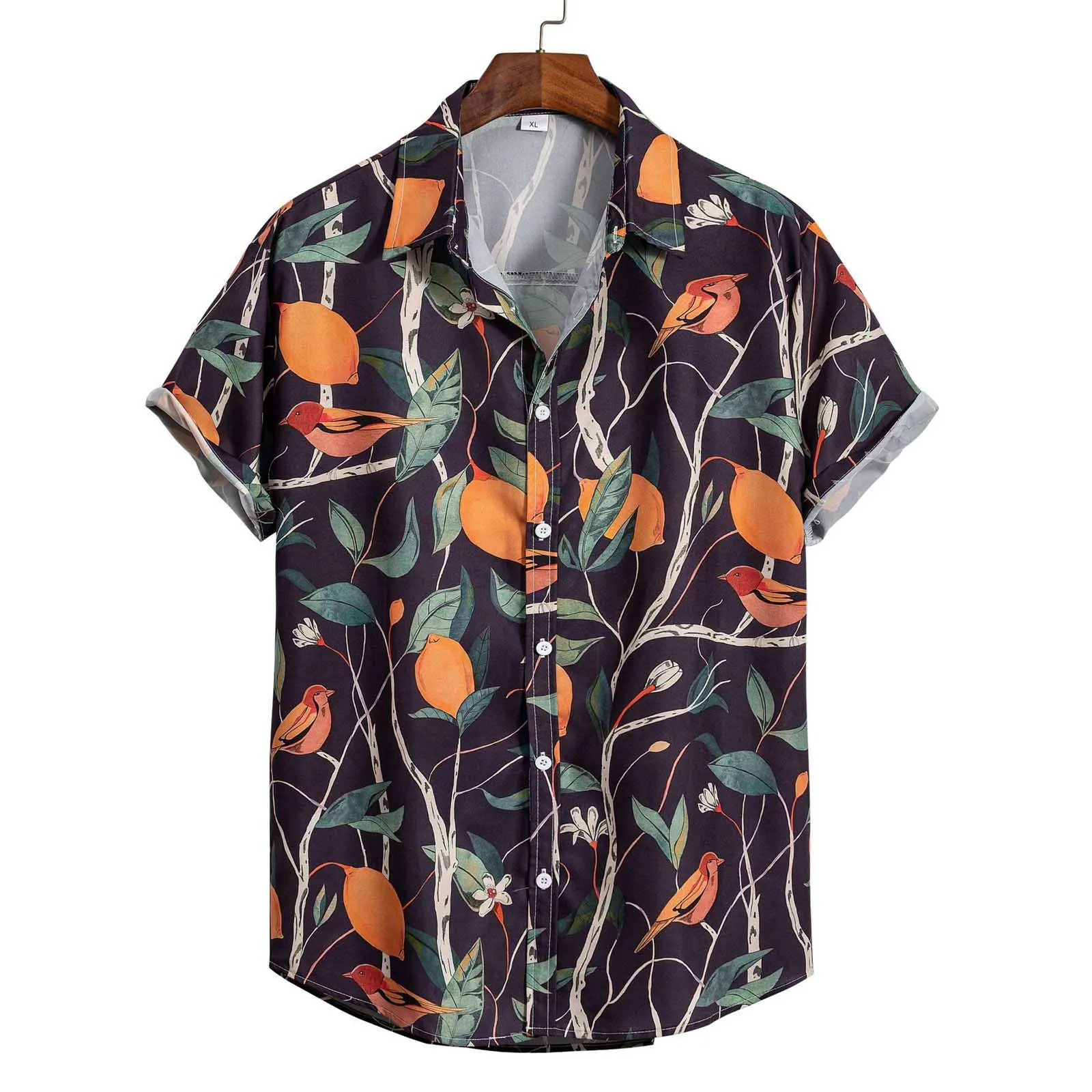 

Casual Men's Loose Lapel Print Color Short Cuff Button Shirt Sand Beach Hawaiian Summer Top Breathable Oversized