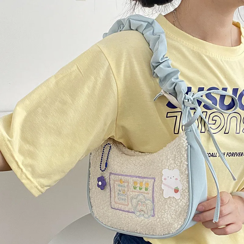 Cute Plush Totes Bags Women 2022 Trendy Flower Rabbit Embroidery Purple Underarm Bags Girls Elegant Tote Bags Small Purses