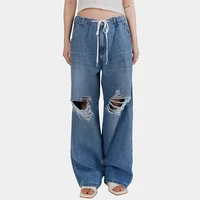 fashion drawstring jeans low waist street wide leg pants blue baggy women holes casual loose hippie denim harajuku pants