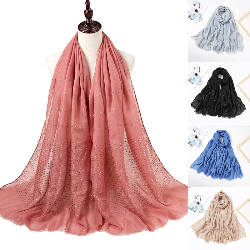 

Women Glitter Stripe Sequins Cotton Scarf Solid Color Soft Tassels Long Shawls Fringe Headscarf Muslim Hijab Scarves 70*180cm