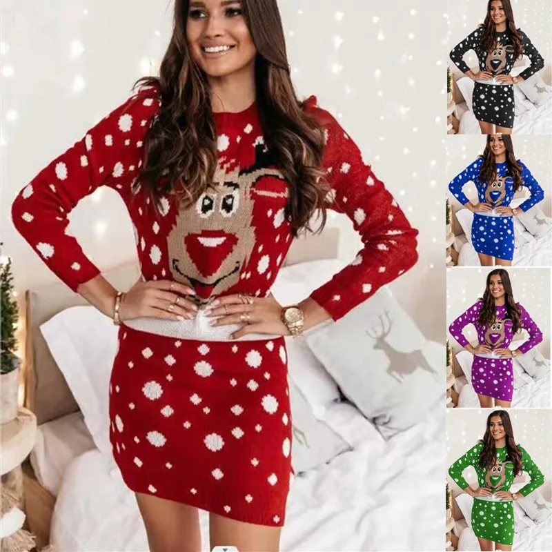 BEAFNKSG Women Christmas Knit Dress Snowflake Reindeer Ugly Christmas  Elastic Short Dress Long Sleeve Round Neck Sweater Dress - купить по  выгодной цене | AliExpress
