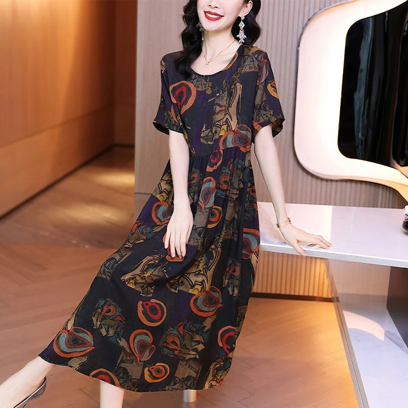 

2023 летняя одежда для мам, платье, длинное платье из натурального шелка с цветочным принтом в западном стиле для женщин среднего и пожилого возраста, платья Q131