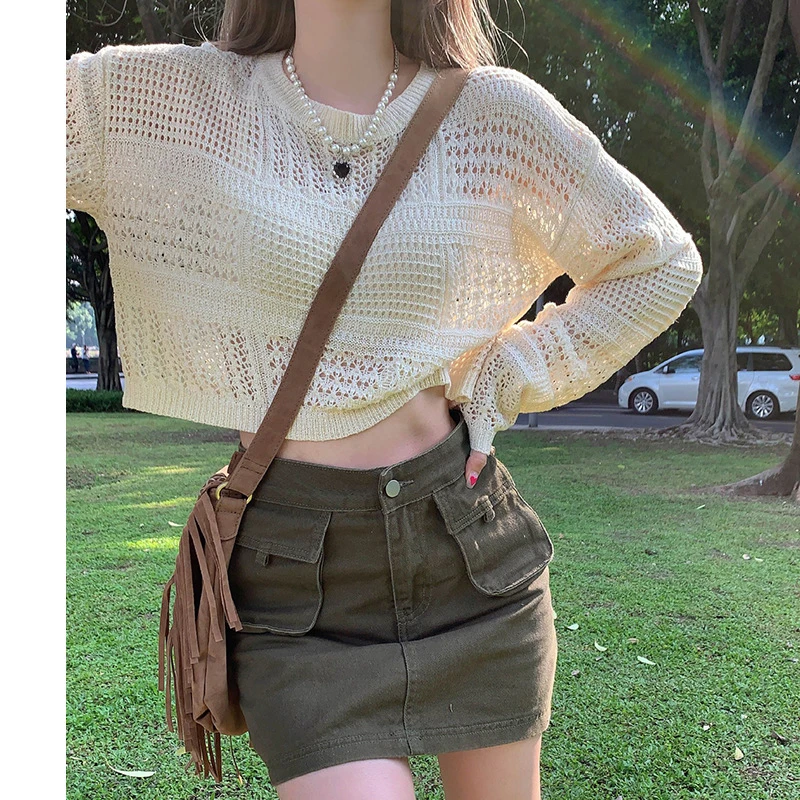 

Женский пуловер с длинным рукавом, короткий свитер, летний женский вязаный Топ с вырезами, мягкая тонкая футболка с защитой от солнца, Y2K