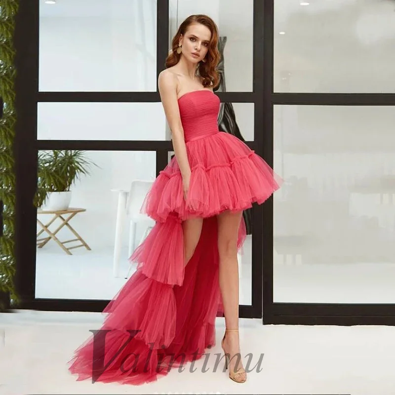 

High Low Strapless Evening Dresses Tiered Skirt Sweetheart Homecoming Party Long Prom Gowns Custom Made Vestidos Robes De Soirée