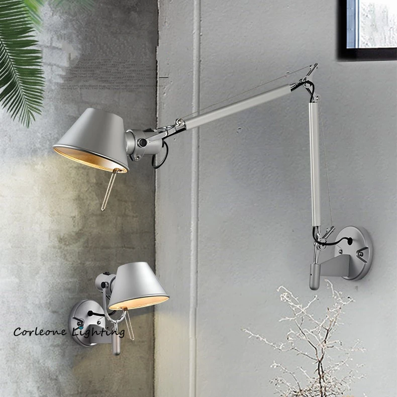 

American Industrial Wall Light Black Silver E27 Rotatable Long Arm Wall Lamps with Switch Bedroom Bedside Lamp Study Living Room