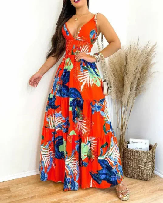 

Summer Women's Dress Tropical Print V-neck Camouflage Dress Nightclub Party Beach Sexy Elegant Street Bohemian Dress Vestidos