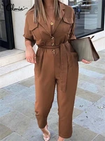 celmia fashion jumpsuits women elegant suit collar long sleeve rompers casual solid cargo pants pockets work overalls