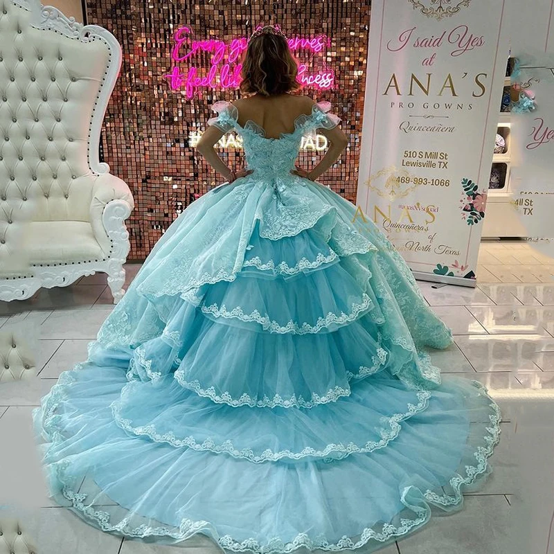

Charming Lake Blue Quinceanera Dresses Vestidos De 15 Anos Handmade 3D Flower Appliqué Lace Sweet 16 Princess Party Gowns