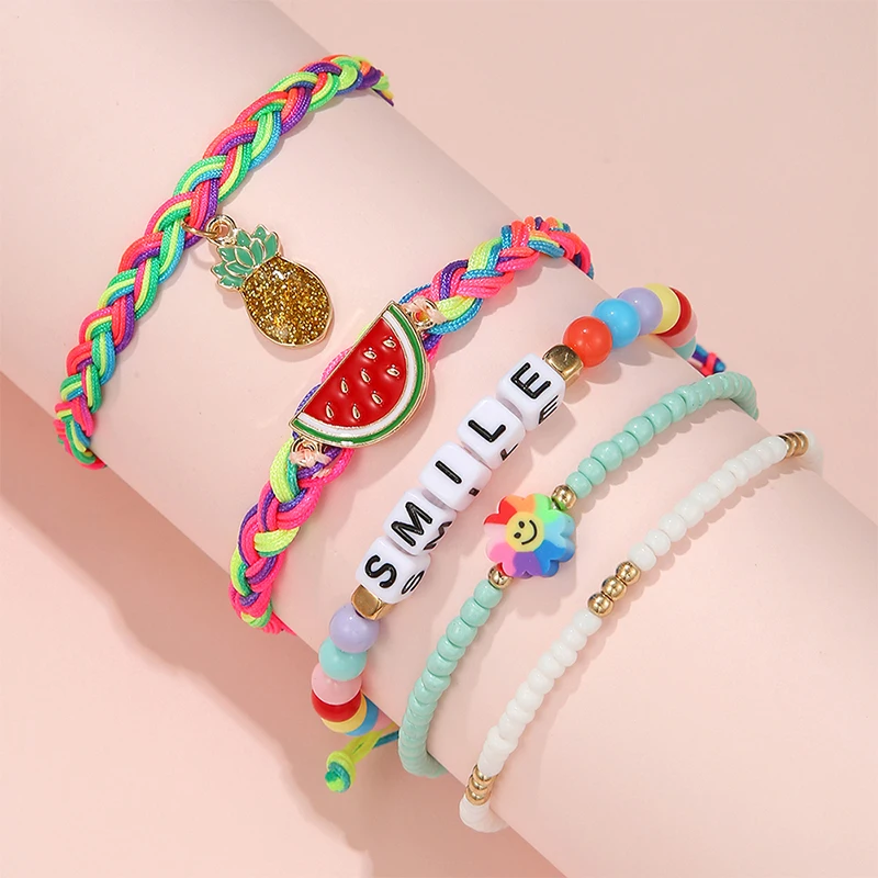 

5Pcs/set Handmade Fruit Watermelon Smile Letters Charm Bracelets for Kids Teens Girls Bangles Children Jewelry