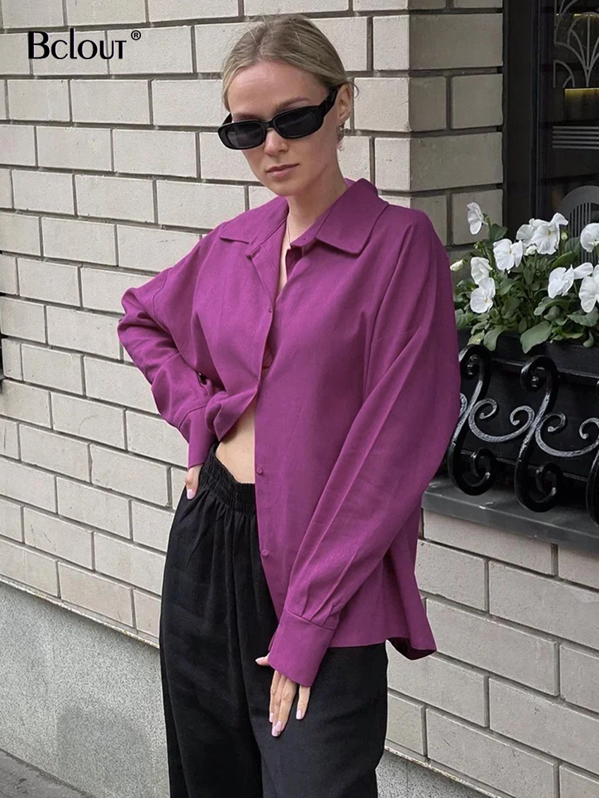 

Bclout Fashion Purple Blouses Women 2023 Autumn Solid Long Sleeve Loose Shirts Casual Office Lady Turn Down Collar Party Shirts