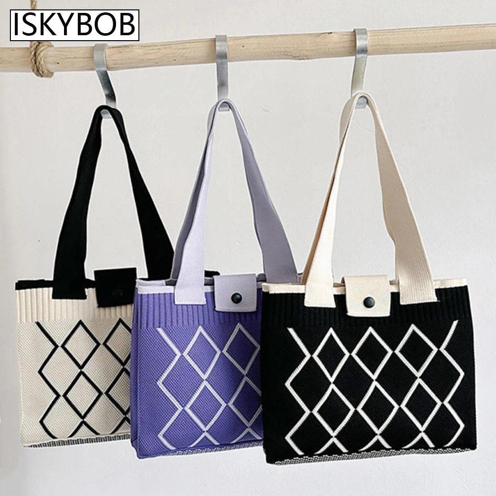 

New Designer Lattice Knitting Women Shoulder Bag Fashion Woolen Tote Bag Female Purple Handbag Woven Underarm Shopper Bag