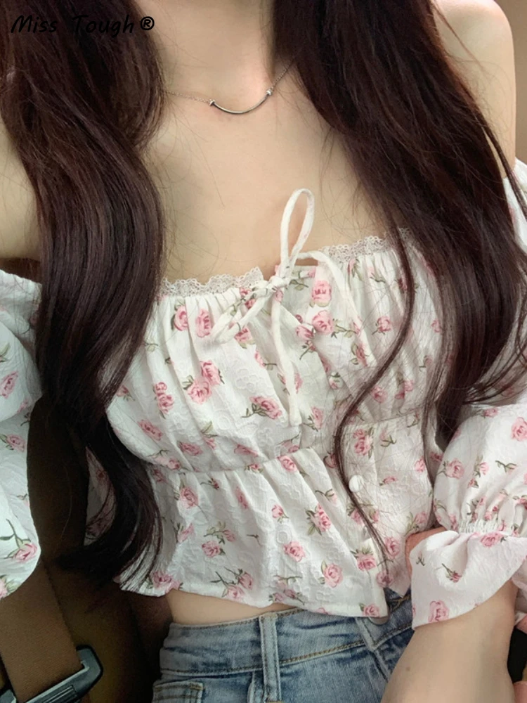 

Elegant Sexy Floral Blouse Women Spring One Shoulder Chiffon Blouse Casual Print Sweet Designer Chic Long Sleeve Top Female 2022