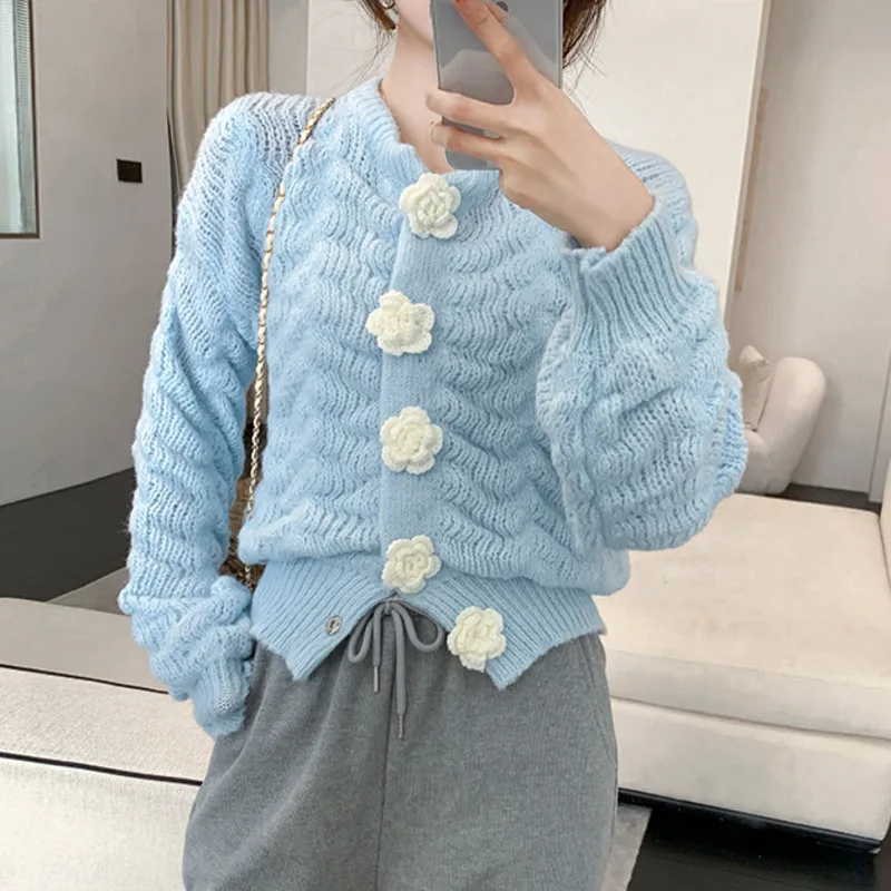 

Gentle Style Outer Wear Knit Jackets Women Flowers Crochet Button Cardigans Female Autumn Winter All-match Sweater