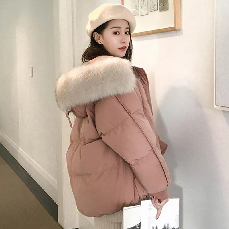Fashion Fur Collar Hooded Short Parkas Solid Casual Long Sleeve Winter Jacket Korean Loose Cotton Padded Outwear Student coat