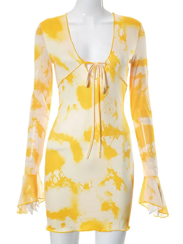 Осень 2023 новый стиль абстрактный принт бандажные мини-платья с рукавами-трубой