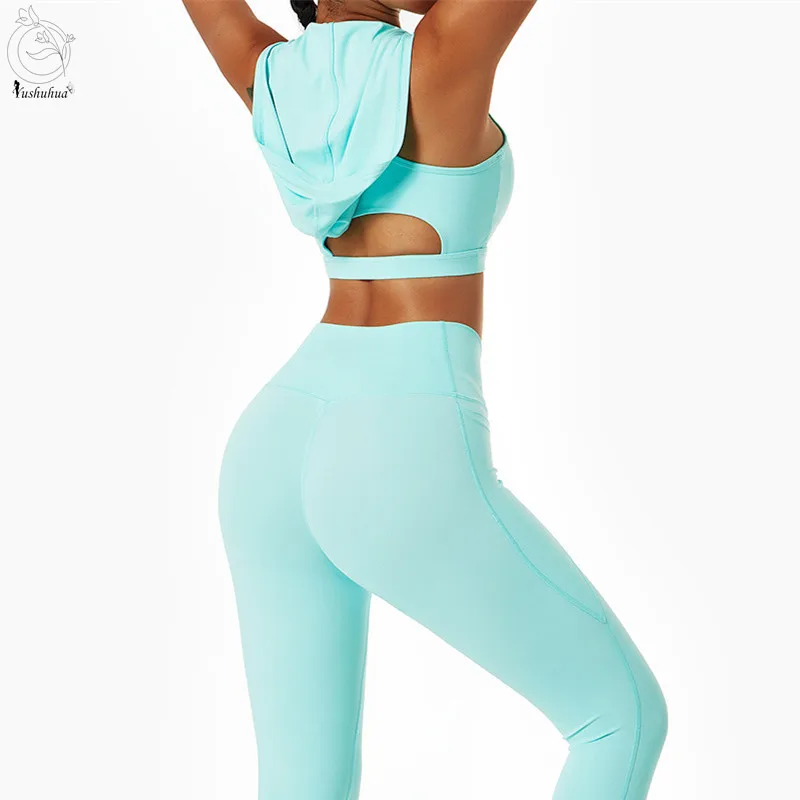 Yushuhua Hooded Fitness Vest Women's Gym Yoga Bra Sexy Gather Casual Crop Top Cycling Run Sports Bra Female Solid Underwear