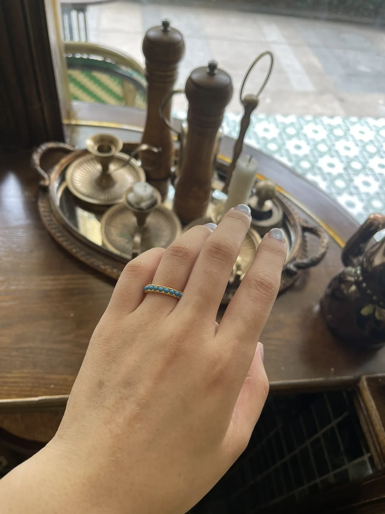 Изысканная версия кольцо с вечной бирюзой резное серебро позолота серебряное 925