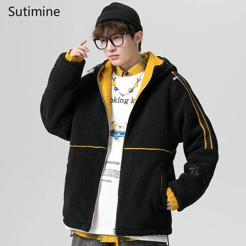 Winter Coat Youthful Vitality Turn-down Hooded Youth Casual Loose Cotton Coat Daily Lamb Coat Pockets Zipper Men Clothing