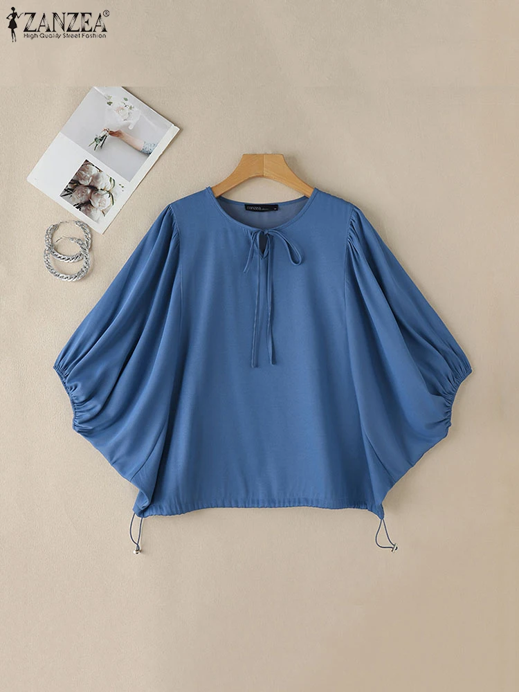 Повседневная свободная блузка с завязками на подоле Blusas ZANZEA женская однотонная