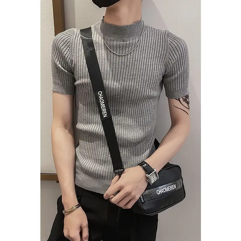 Spring Autumn New Short Sleeve Knitted Sweater Men Clothing Half High Neck Slim Sweater T-shirt Casual Stretch Homme Pullover