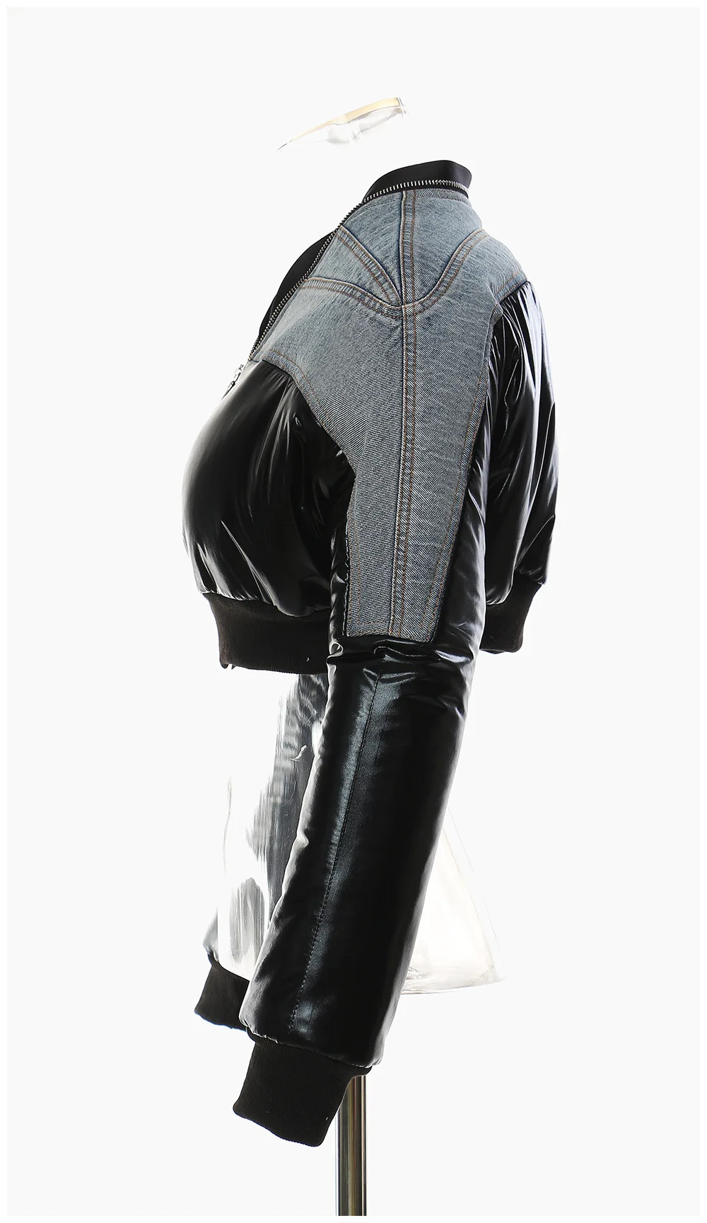 Women's Autumn And Winter New Hot Street Personality Denim Splicing Zipper Down Cotton Jacket