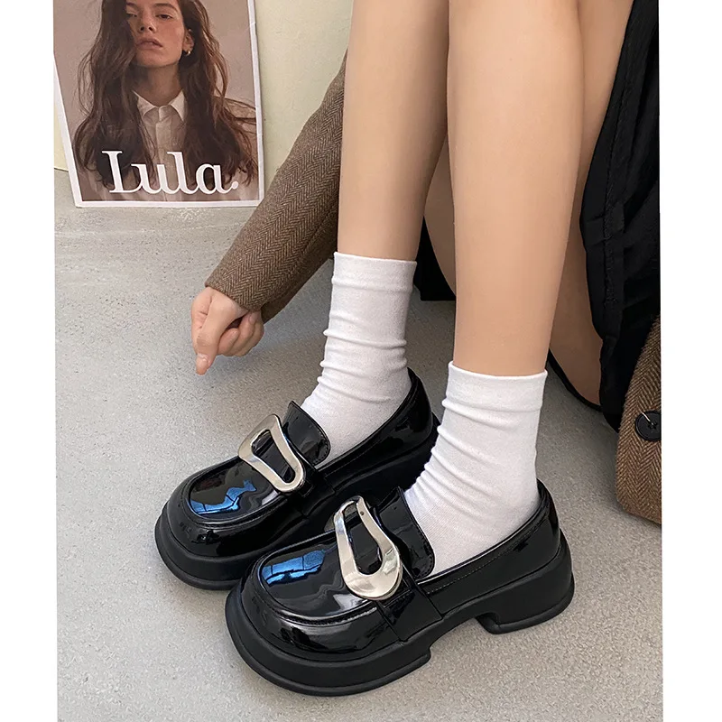 

British Style All-Match Square Toe Shoes Woman 2023 Oxfords Casual Female Sneakers Clogs Platform Loafers With Fur Black Flats A