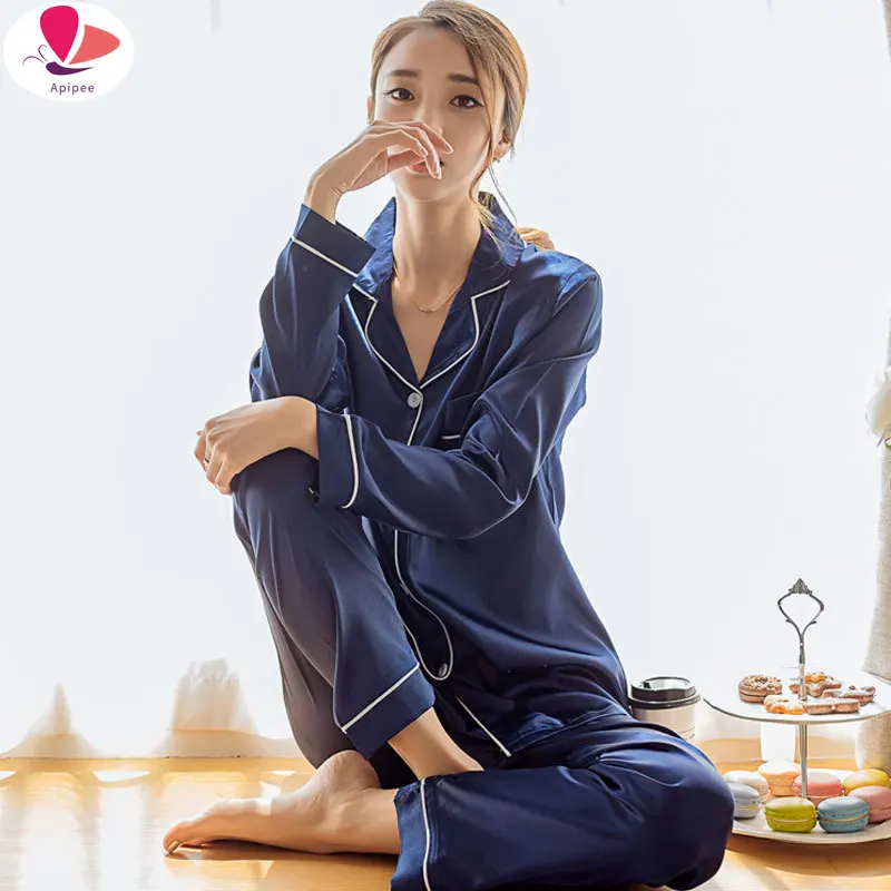 

Womens Silk Satin Pajamas Pyjamas Set Long Sleeve Sleepwear Pijama Pajamas Suit Female Sleep Two Piece Set Loungewear