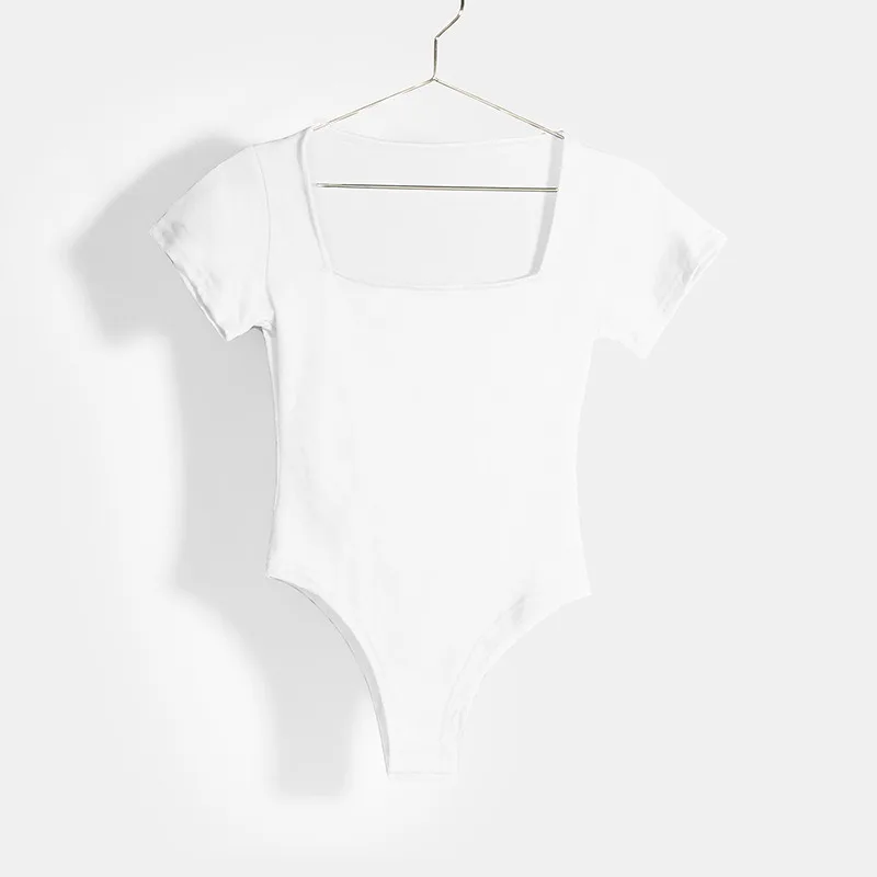 Women's Square Neck Short Sleeve Summer Basic Tops Bodysuit Jumpsuit