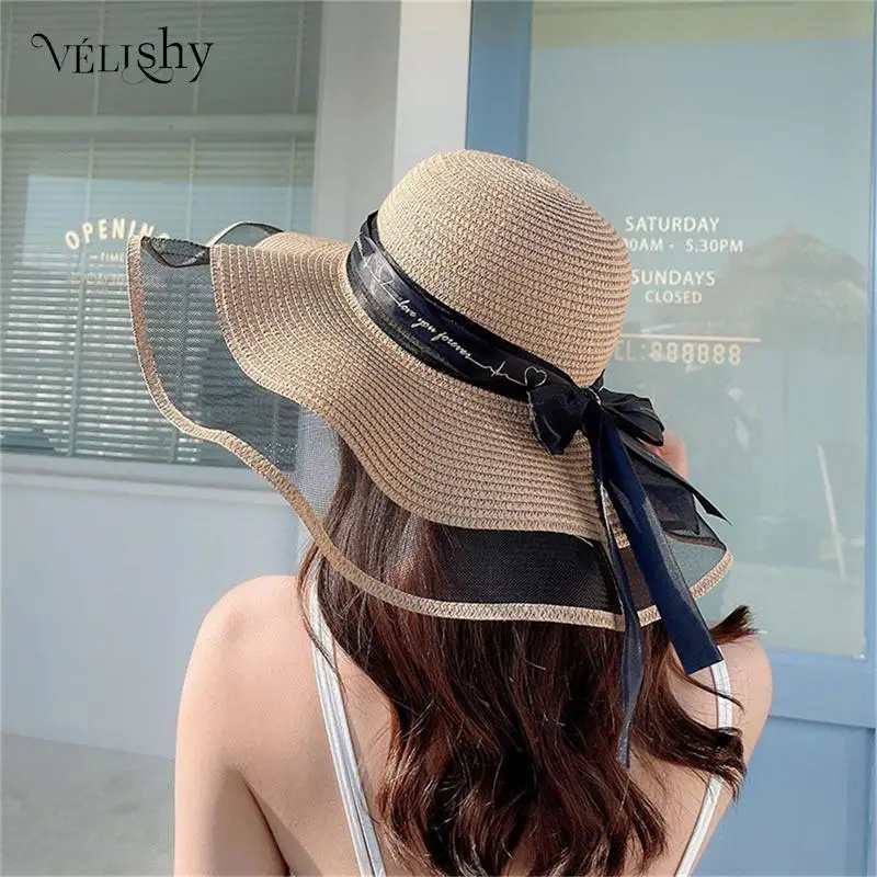 

Foldable Big Brim Floppy Ladies Straw Hat With Bowknot Women Elegant Protection Shading Beach Caps Fashion New Girls Sun Hat