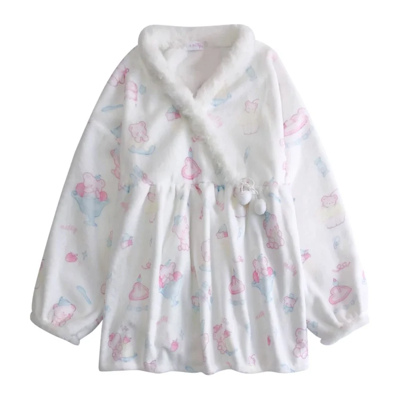 QWEEK Warm Coral Velvet Women's Pajamas Set Trouser Suits Kawaii Two-piece Cute Soft Japanese Sweets Home Wear Clothes