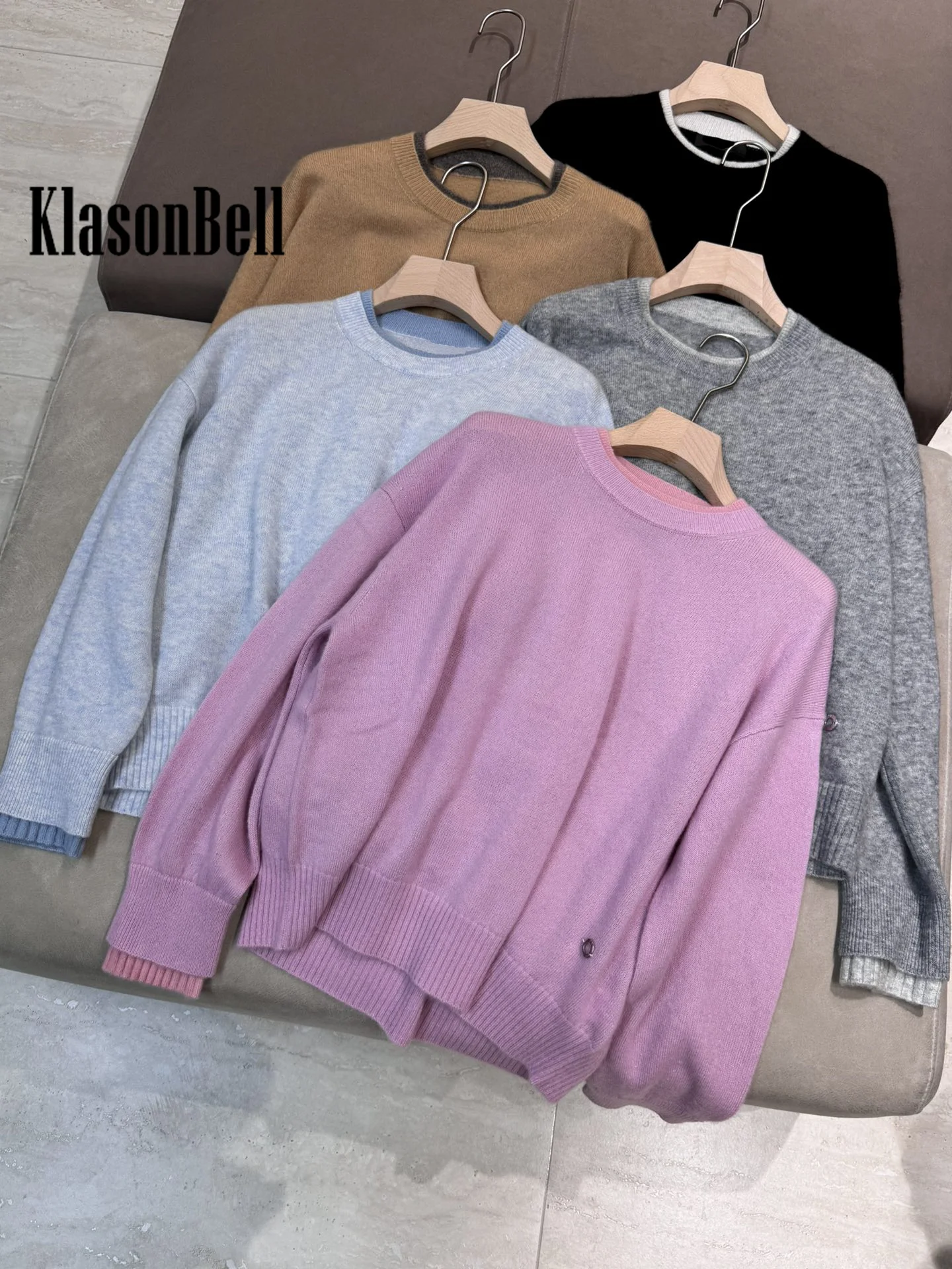 11.23 KlasonBell 2024 новая зимняя мода двухэтажный пуловер с круглым вырезом и манжетами