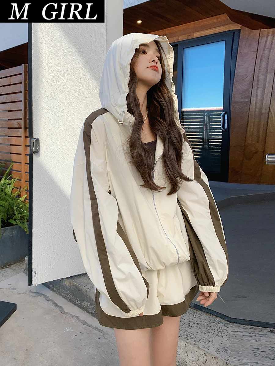 

M GIRLS 2023 Korean Thin Hooded Sun Protection Coats Shorts Two Piece Set Women Outfit Summer Sunscreen Clothing Casual Tracksui