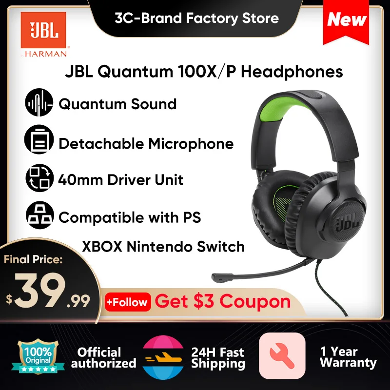 

100% Original JBL Quantum 100P/100X Gaming Headphones Detachable Microphone 40mm Driver Unit Headset Compatible With the XBOX