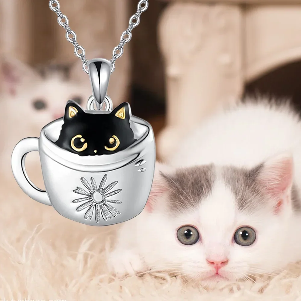 Милое ожерелье с маленькой чашкой в виде черной кошки Крутое женское украшение