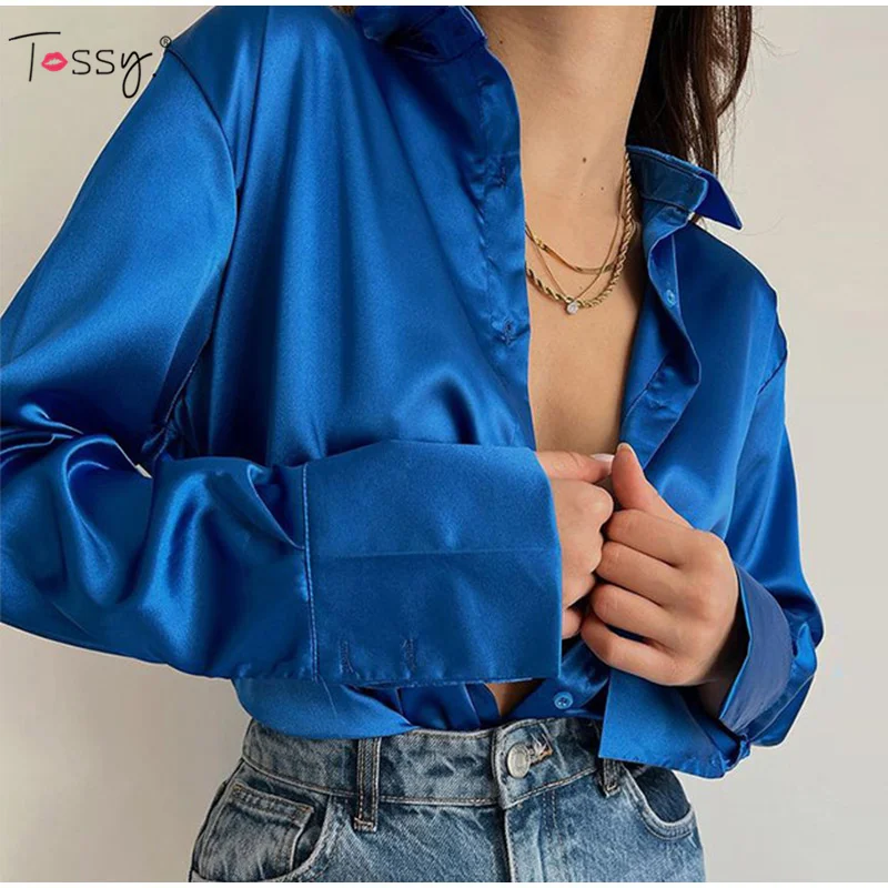 

Tossy Women Elegant Satin Solid Long Sleeve Blouses Female Chic Vintage Blue Green Casual Loose Fitting Buttons Down Shirts Tops