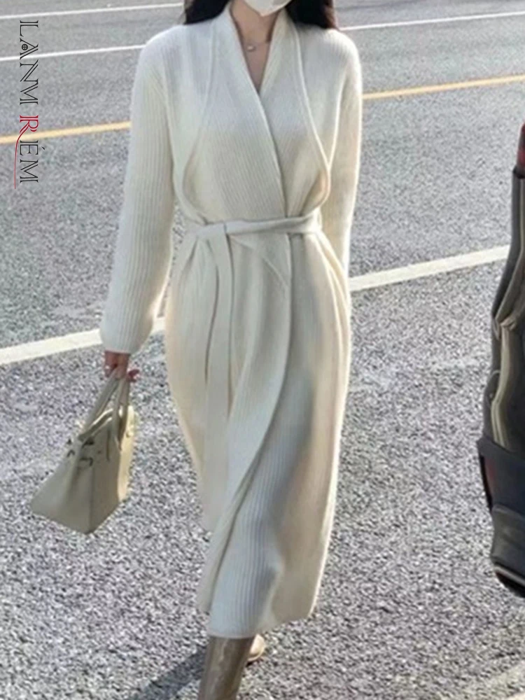 

LANMREM Women Knitting Long Sweater Coat Fashion Lapel Belt Solid Color Loose Clothing Casual 2023 Autumn Winter New 2AA1678