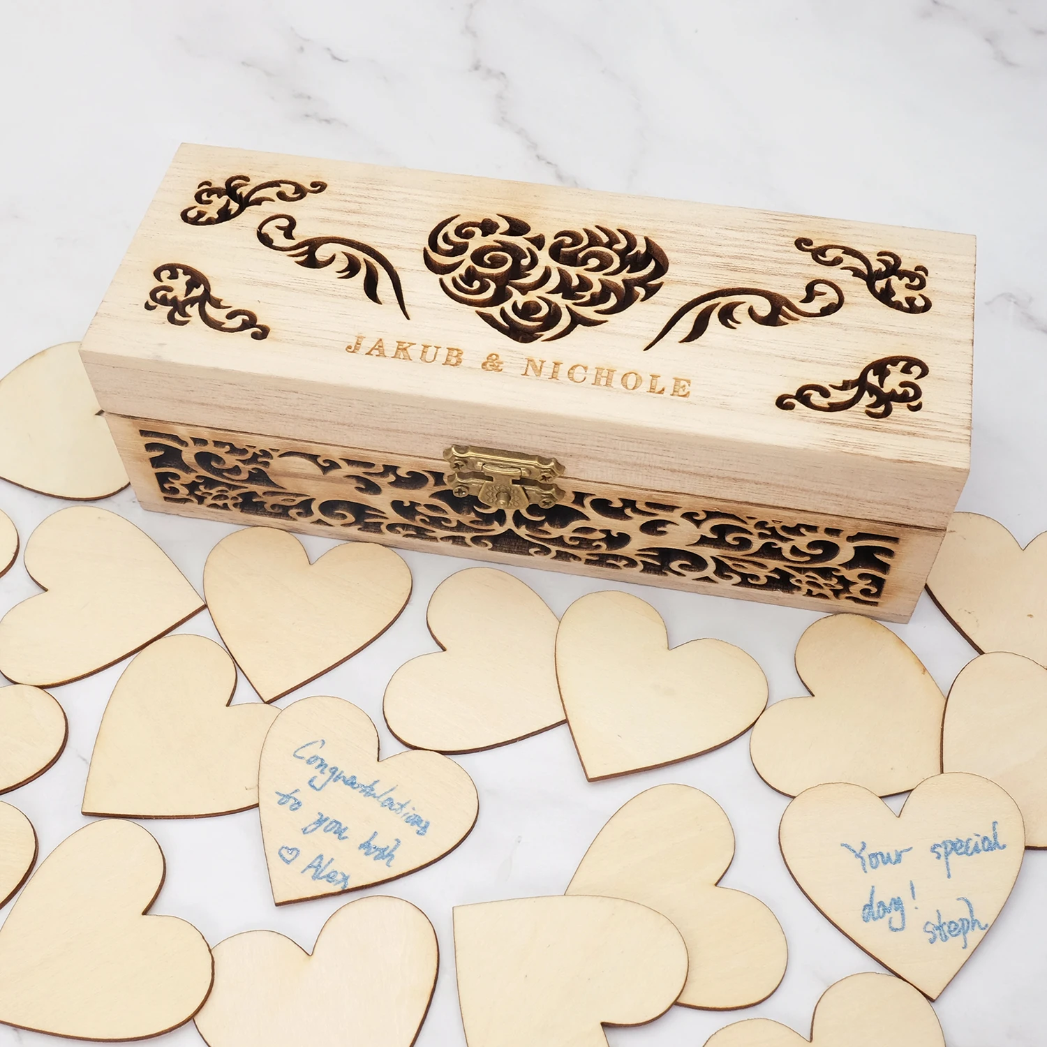 

Personalized Guest Book Custom Wedding Guestbook With Hearts Signatures Wooden Keepsake Box Engraved Bride and Groom Names
