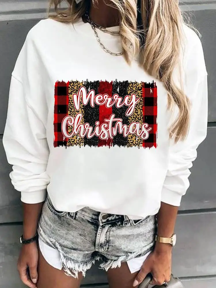 

Pullovers For Women Happy New Year Fashion Merry Christmas Print Plaid Trend Cute 90s Style Graphic Sweatshirts Female Clothing