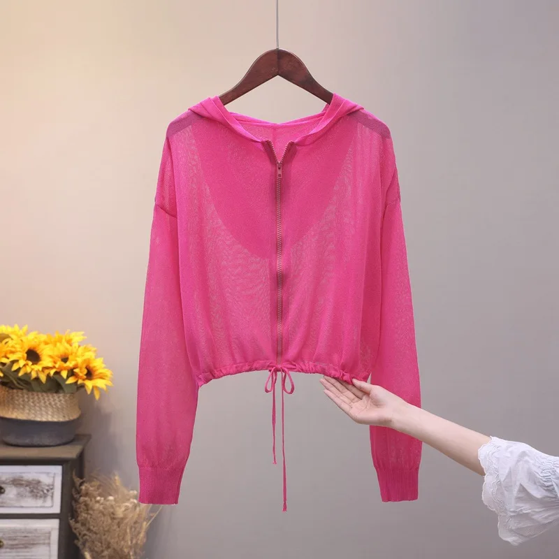 

Женская шелковая Солнцезащитная рубашка, летняя тонкая Свободная трикотажная блузка с капюшоном и шнуровкой, Короткий Повседневный Кардиг...