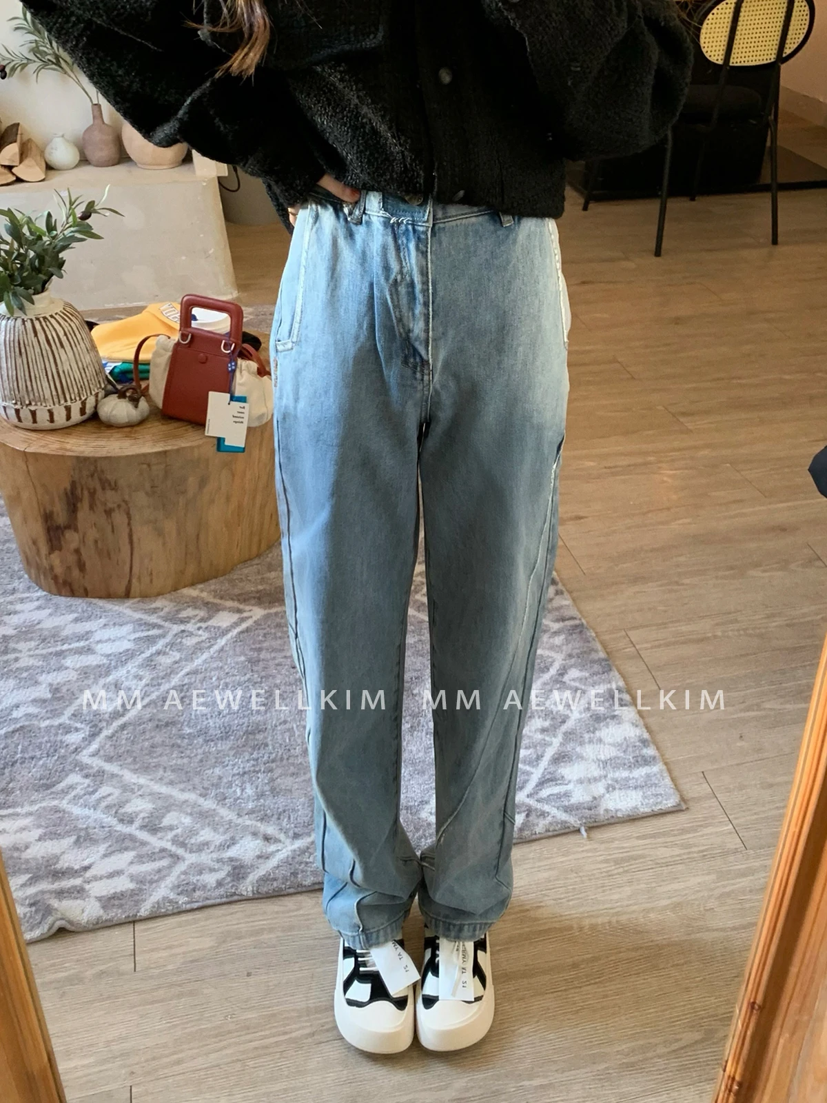 

ADER ERROR high waist washed old jeans spring and autumn new loose casual Ming line straight thin dragging ground pants Unisex