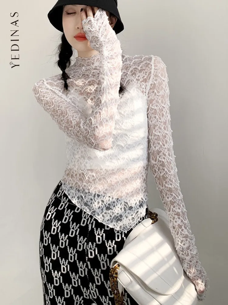 

Yedinas Sexy Lace T-shirt Women Turtleneck Thin Mesh Tops See Through Ladise Tee Tops Irregual Skinny Tshirt Summer Fashion New