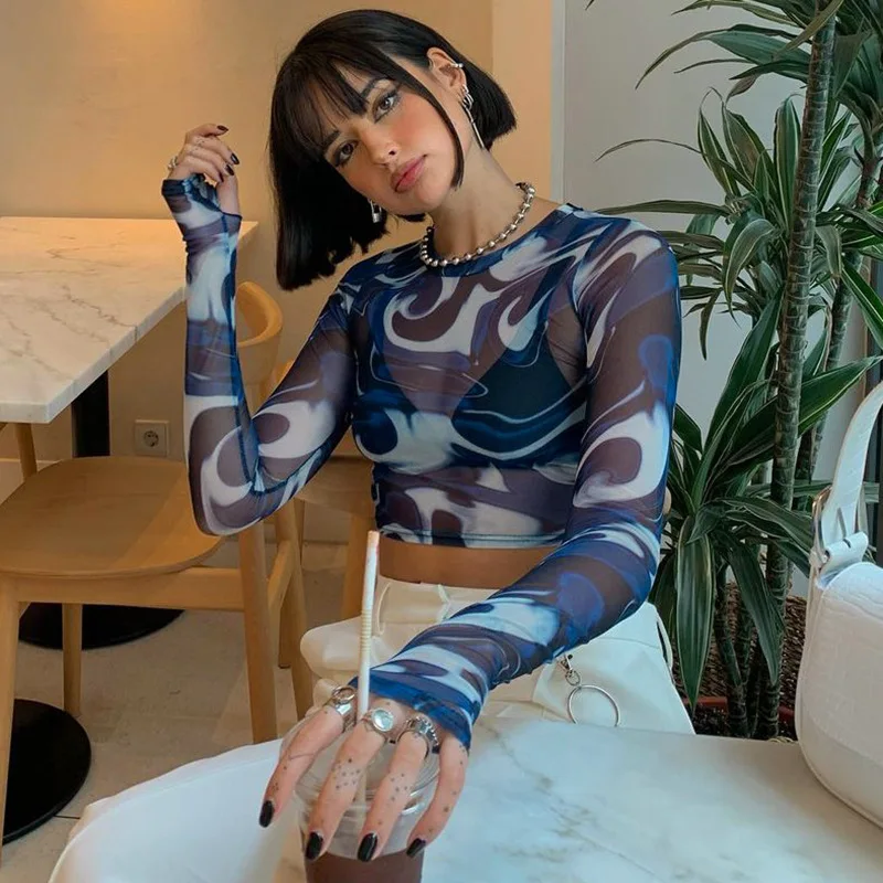 

2022 Spring Fashion Blouse Women O Neck Printed Crop TShirt Long Sleeve Y2K See Through T Shirt Outfits Women Wholesale