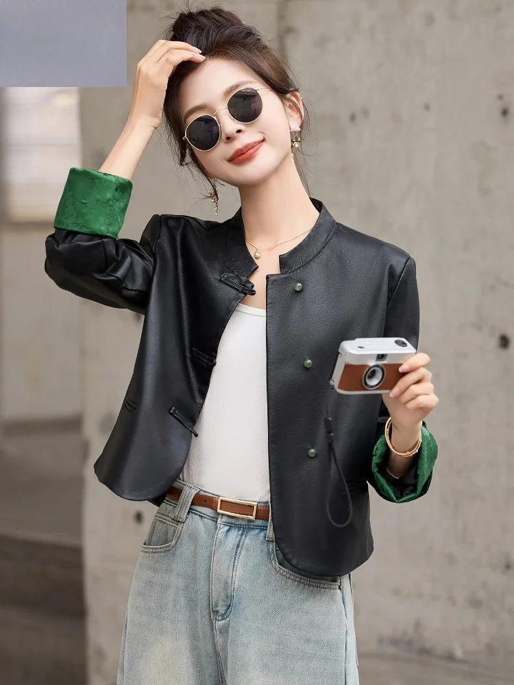 Китайское кожаное пальто Sle National Верхняя одежда Короткая женская 2024 Весна и осень