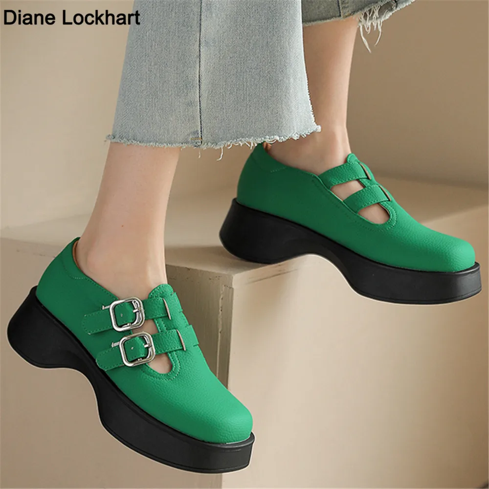 

2023 New Women Flat Shoes Loafers Square Toe Buckle Classic Concise Ladies Comfy Platform Flats Casual Date Spring Green Wedges