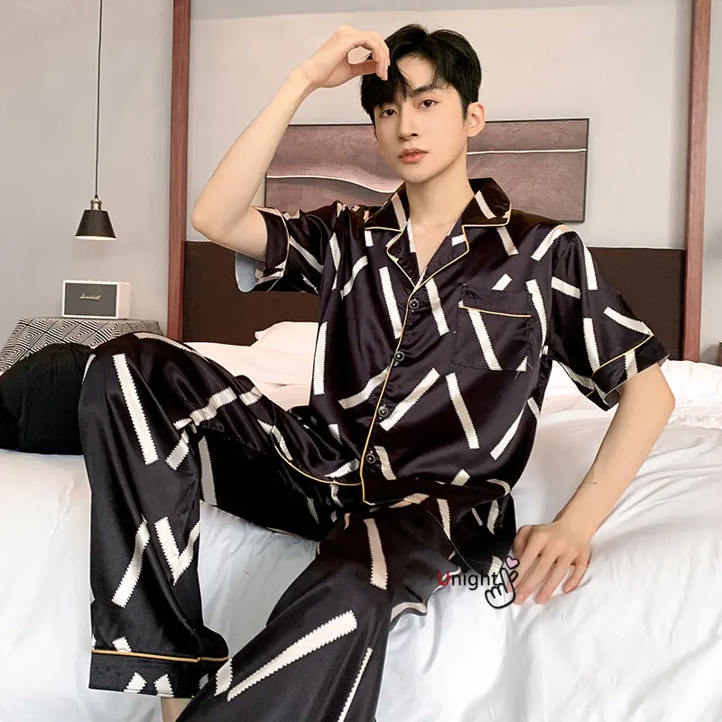 Spring Summer Man Pajama Sets Silk Sleepwear Pajamas for Men Plus Size Home Clothing Pyjamas Suit Home Wear Loungewear Homesuits
