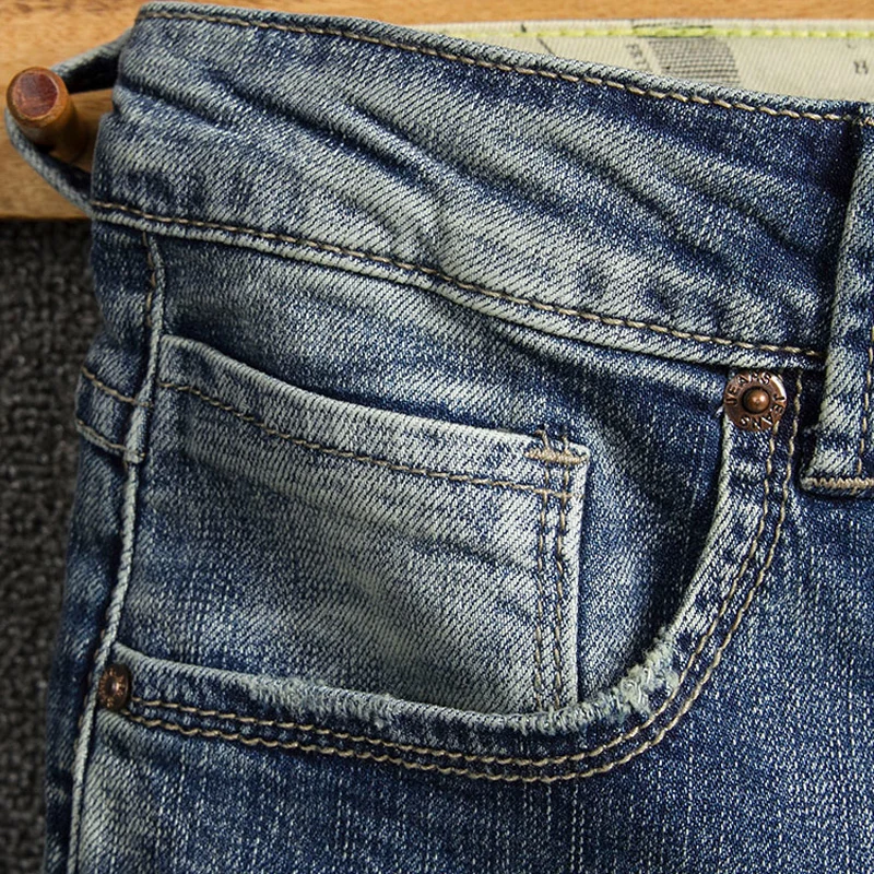 Fashion Vintage Men Jeans Retro Blue Elastic Stretch Slim Fit Ripped Jeans Men Patched Designer Casual Denim Pencil Pants Hombre